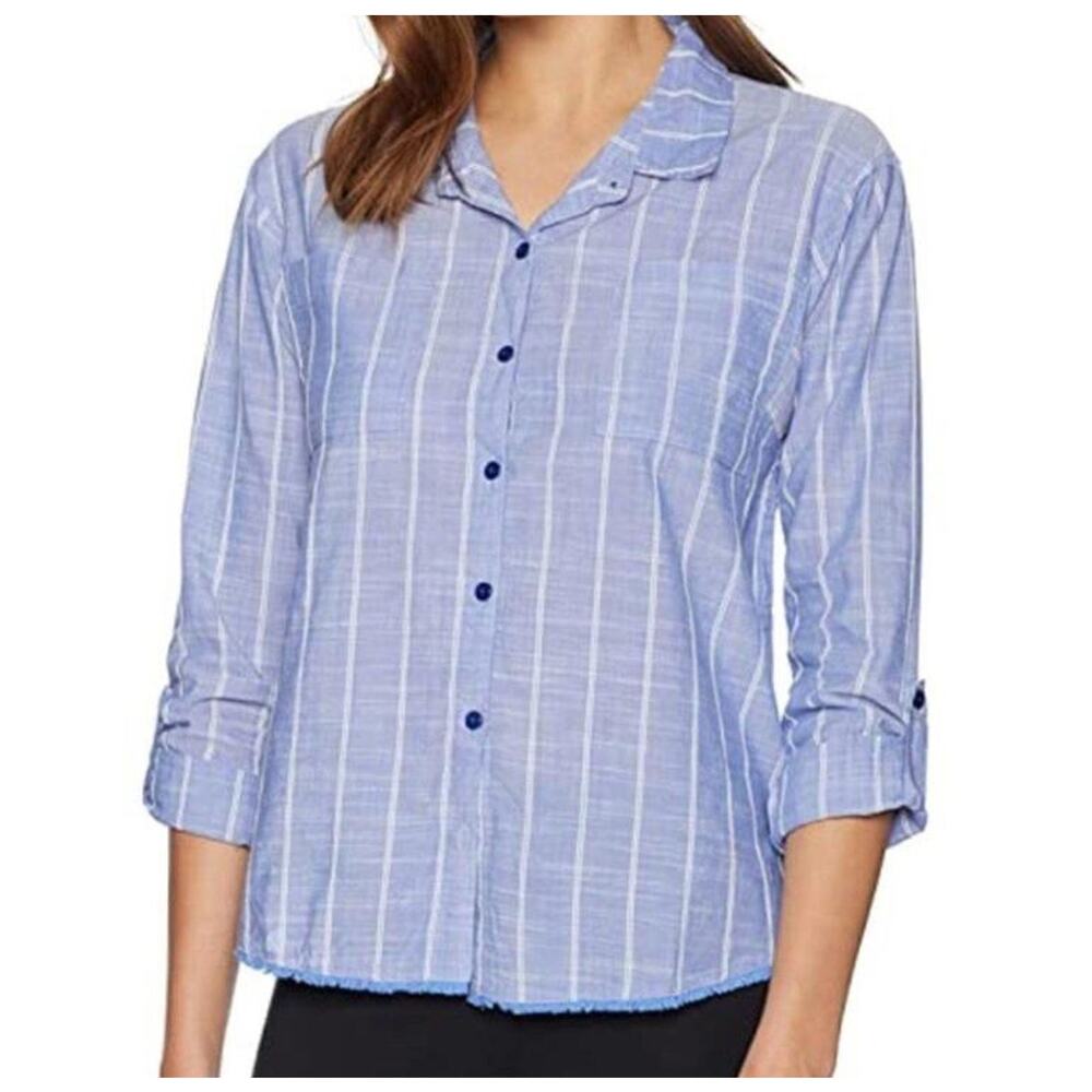 PJ Salvage Blue Striped Long Sleeve 100% cotton Top 3/4 Sleeve Shirt Large NWT